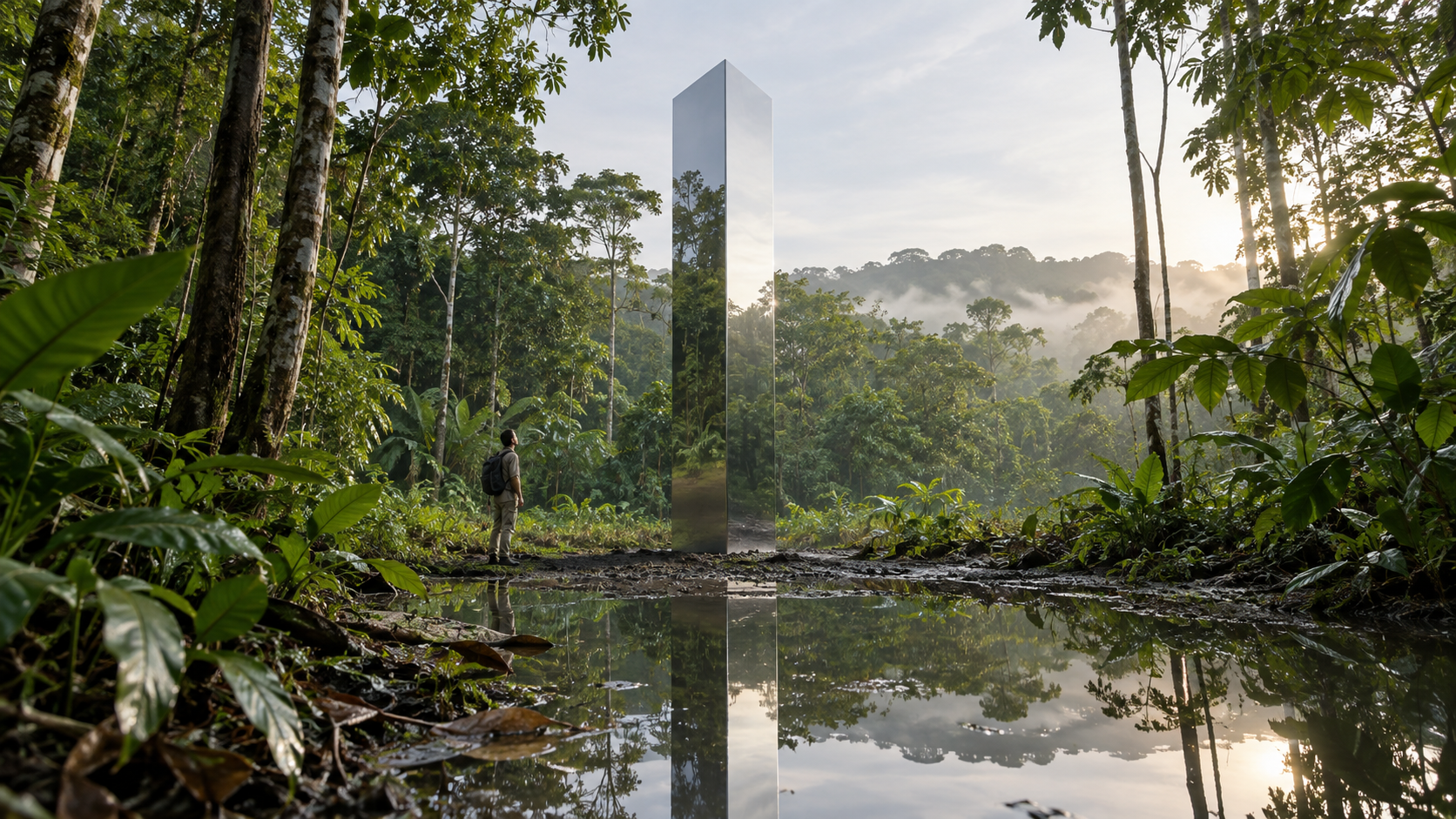 Una persona observa un monolito reflejante en un claro de selva